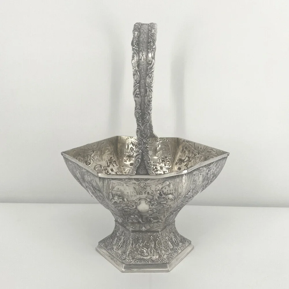 International Silver Co Antique Wedding Basket Silverplate Repousse Ornate Tall